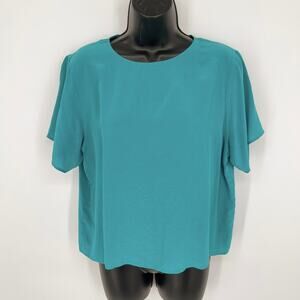 Tess VINTAGE Turquoise Blue 100% Silk Short Sleeve Lightweight Blouse Top Sz L